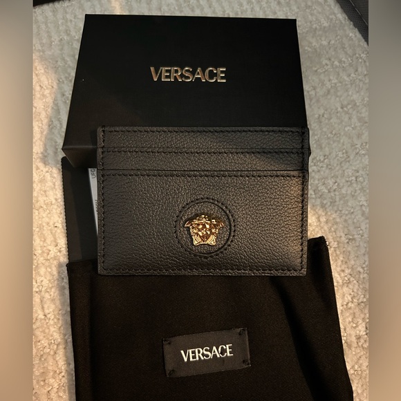 Versace Black Leather with Gold Medusa Card Holder NEW